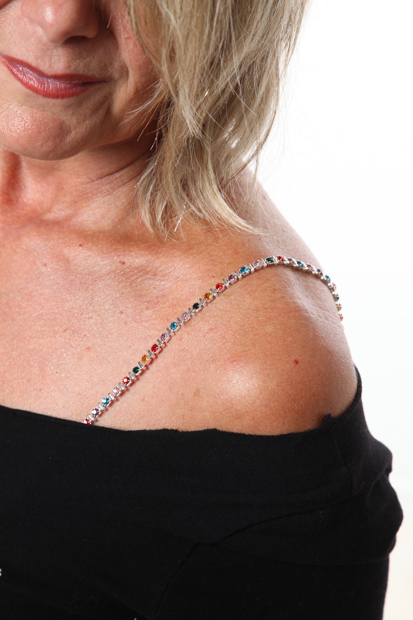 single row multi color rhinestones decorative bra straps